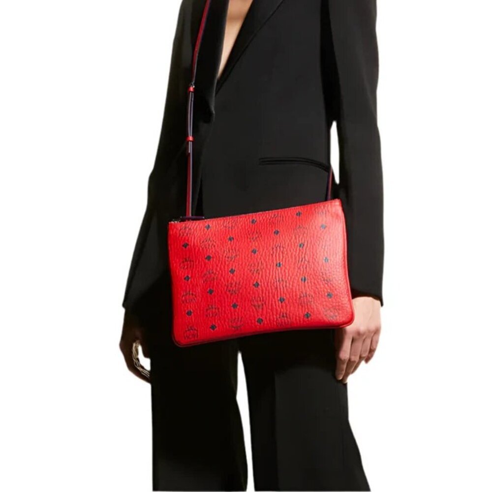 MCM Logo Aren Crossbody Pouch clutch Medium Bag in Visetos Candy Red **NEW**